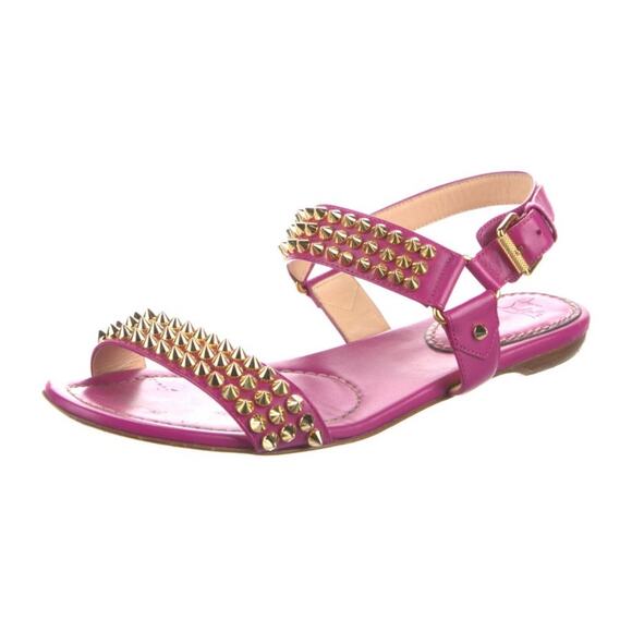 Christian Louboutin Bikee Bike Spikes Flat Sandal Pink Leather Gold Size 7 - Picture 2 of 7